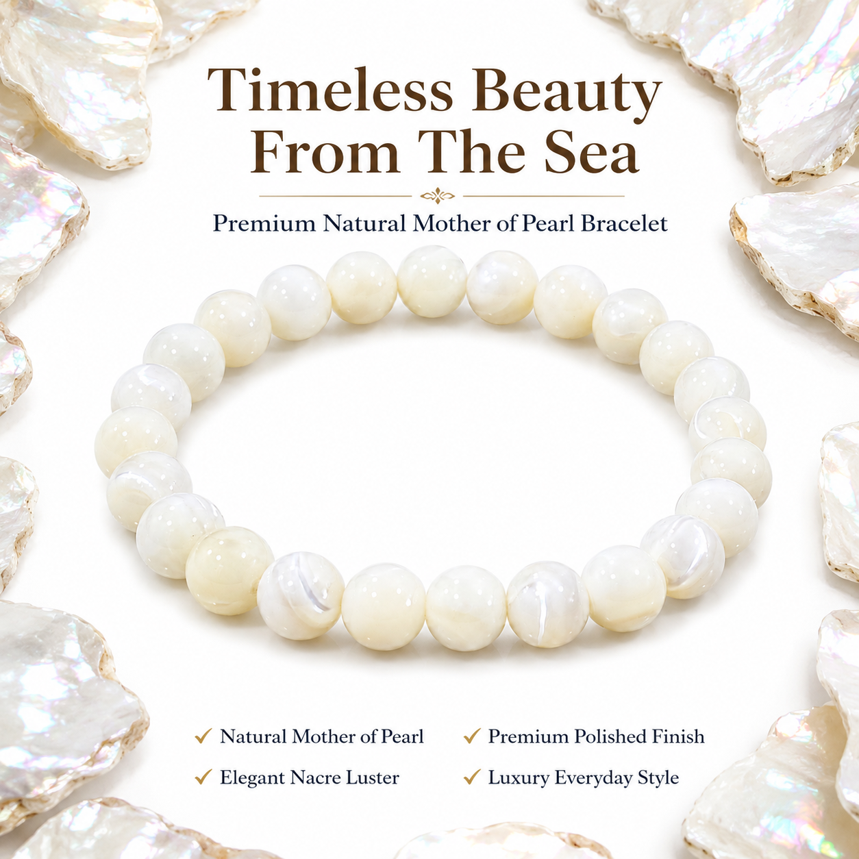 Natural Mother of Pearl Bracelet 8mm | Certified Calmness, Wisdom & Harmony Gemstone Bracelet