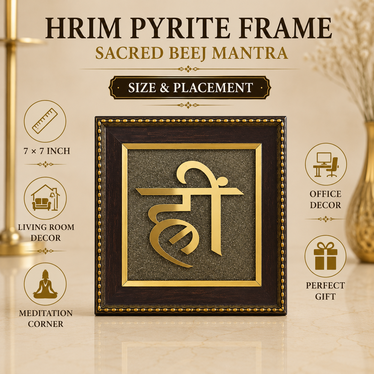 Natural Pyrite Hrim Symbol Frame | Sacred Hreem Beej Mantra Wall Décor | Spiritual Decorative Frame for Home, Office & Meditation Space