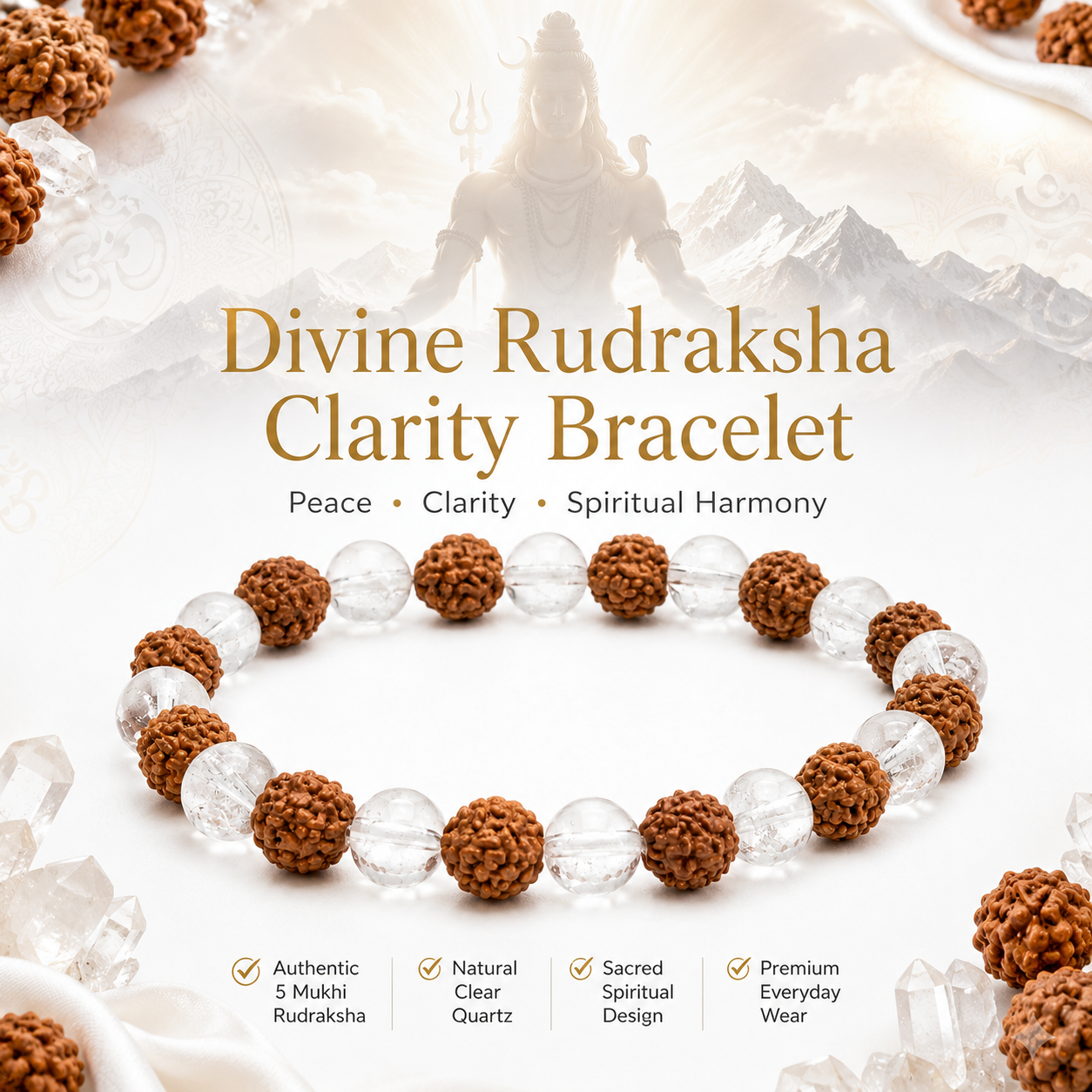 Divine Rudraksha Clarity Bracelet – Natural Rudraksha & Clear Quartz Spiritual Bracelet