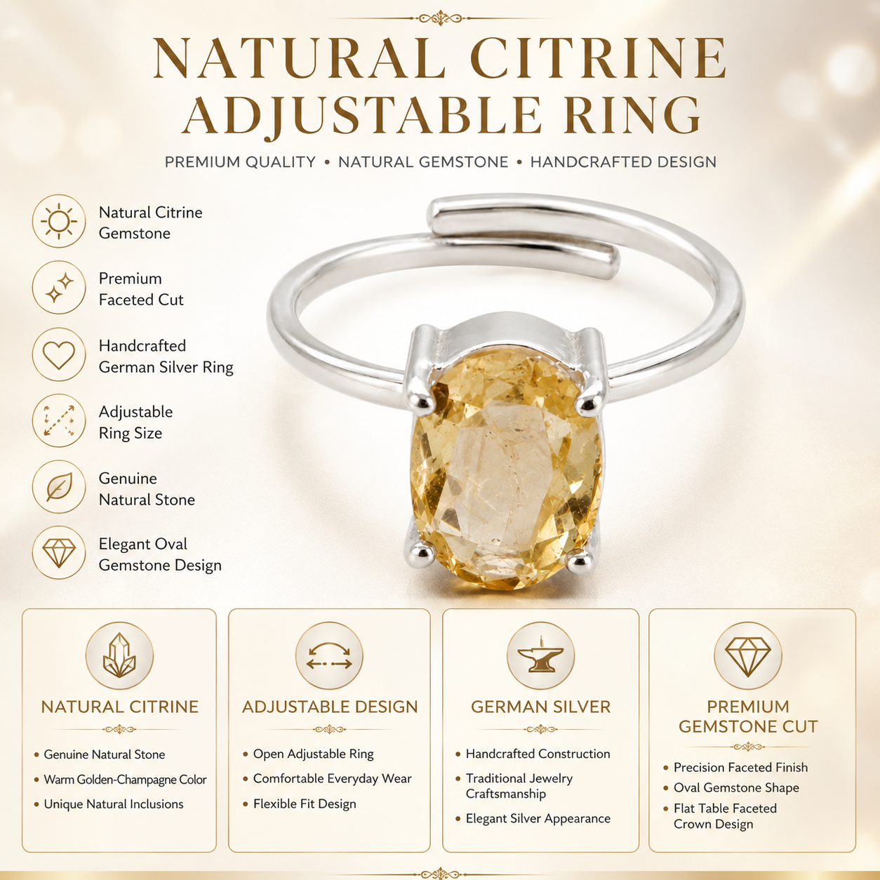 Natural Yellow Citrine Adjustable Ring | Handmade Citrine Gemstone Ring | Healing Crystal Jewelry