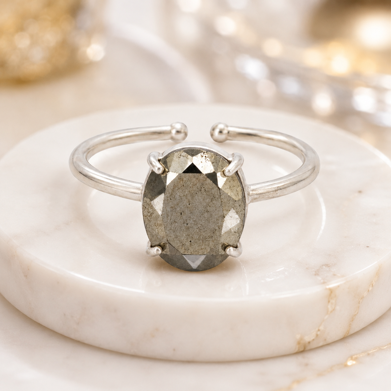 Natural Pyrite Adjustable Ring | Handmade Crystal Gemstone Ring | Healing Crystal Jewelry