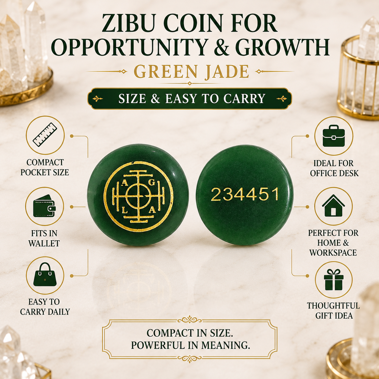 Natural Green Jade Opportunity & Growth Coin | Engraved Positive Progress Pocket Stone | Zibu Symbol Crystal Coin