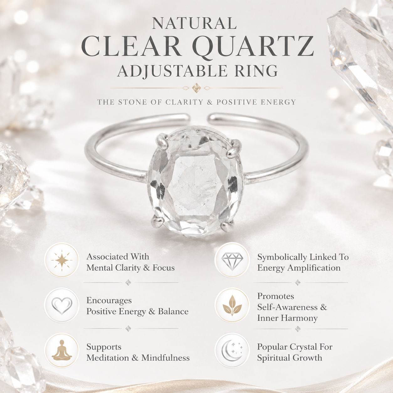 Natural Clear Quartz Adjustable Ring | Handmade Crystal Gemstone Ring | Healing Crystal Jewelry
