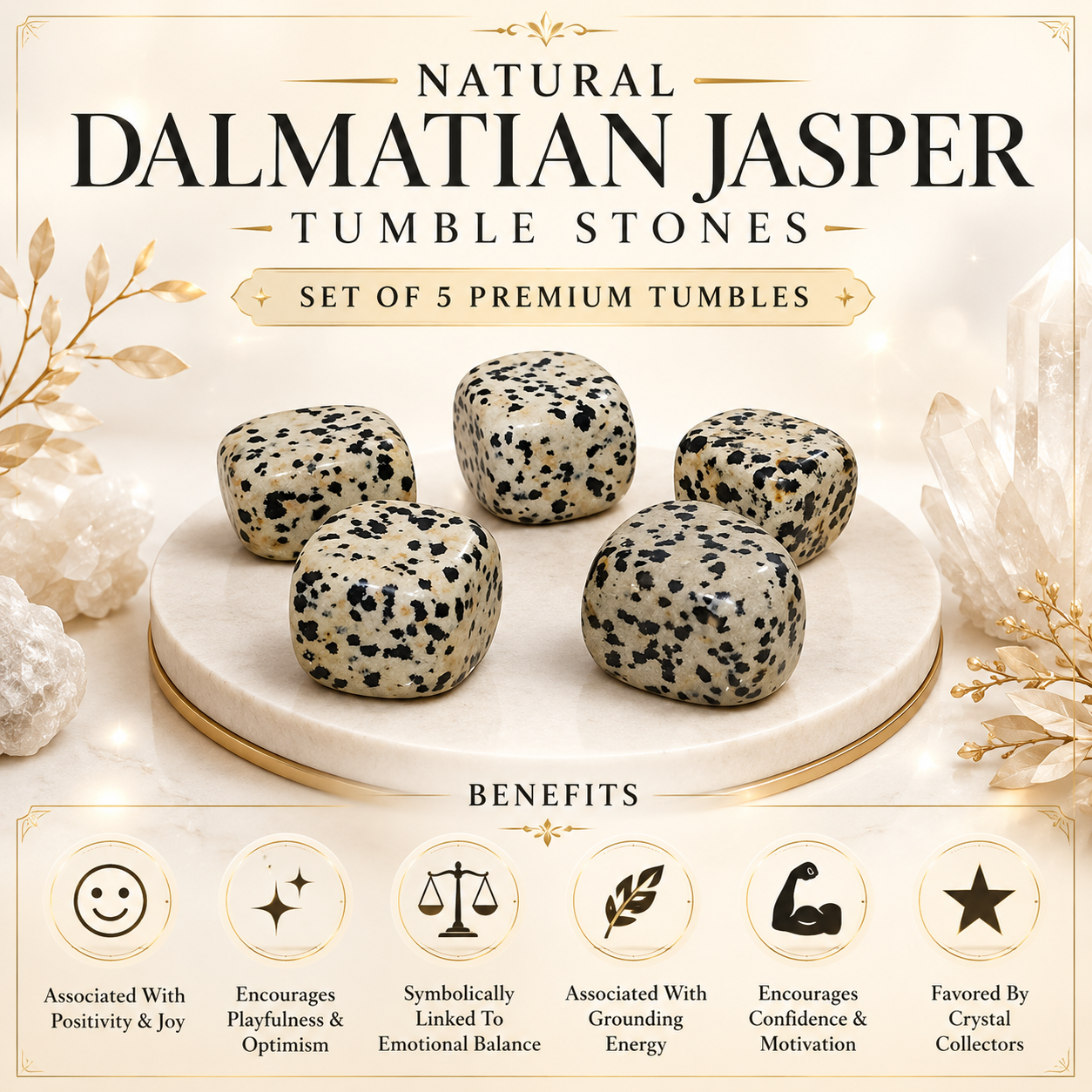 Natural Dalmatian Jasper Tumble Stones | Set of 5 Premium Dalmatian Jasper Crystal Tumbled Stones | Joy & Grounding Healing Crystals