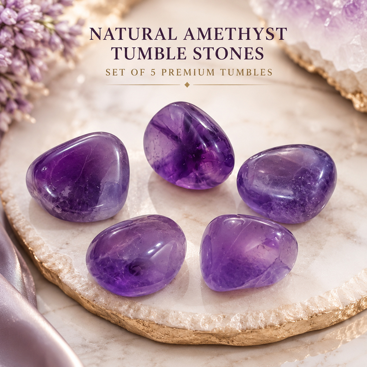 Natural Amethyst Tumble Stones | Set of 5 Premium Amethyst Crystal Tumbled Stones | Healing Crystal for Peace & Spiritual Growth