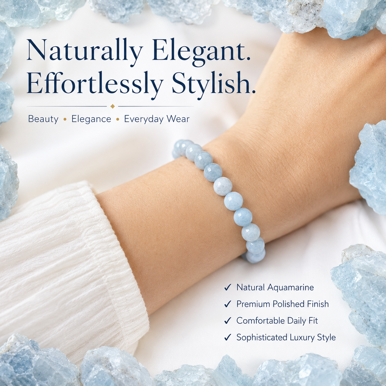 Natural Aquamarine Bracelet 8mm | Certified Ocean Blue Gemstone Crystal Bracelet
