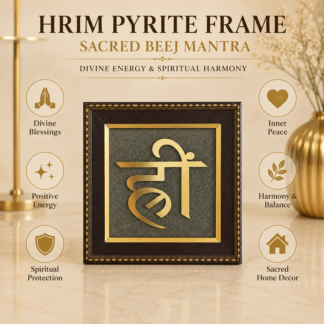 Natural Pyrite Hrim Symbol Frame | Sacred Hreem Beej Mantra Wall Décor | Spiritual Decorative Frame for Home, Office & Meditation Space