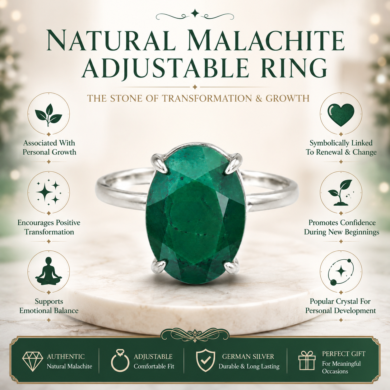 Natural Malachite Adjustable Ring | Handmade Malachite Gemstone Ring | Healing Crystal Jewelry