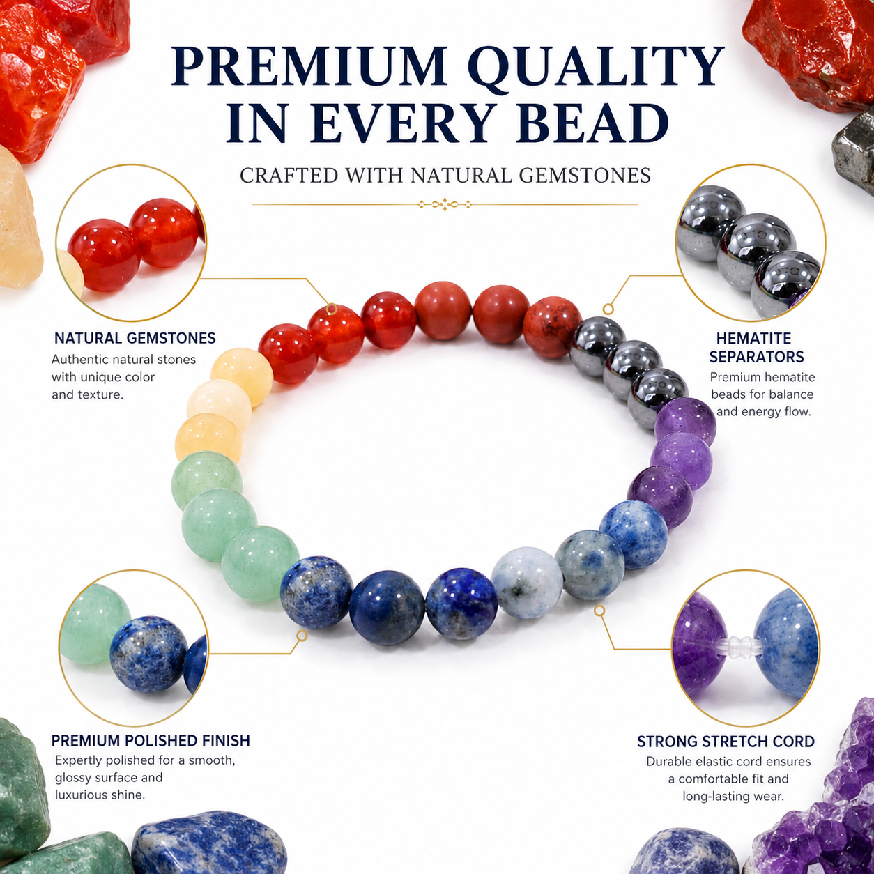 Natural Seven Chakra Bracelet 8mm | Certified Multi Gemstone Chakra Healing Bracelet