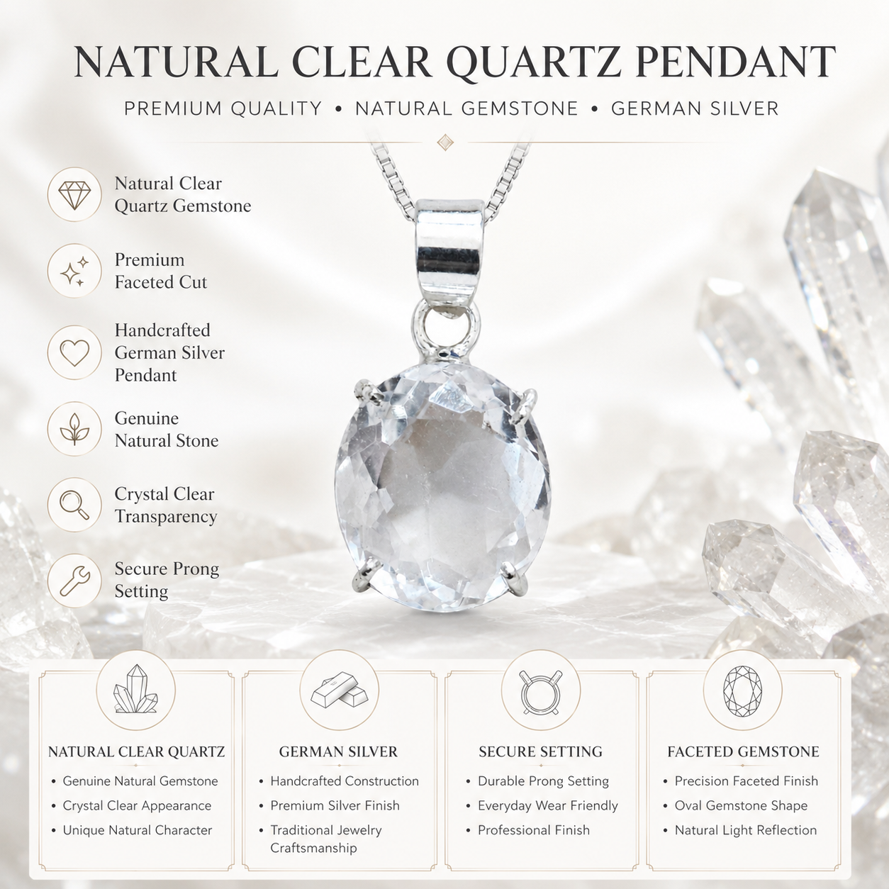Natural Clear Quartz Pendant | Handmade Clear Quartz Gemstone Pendant | Healing Crystal Jewelry