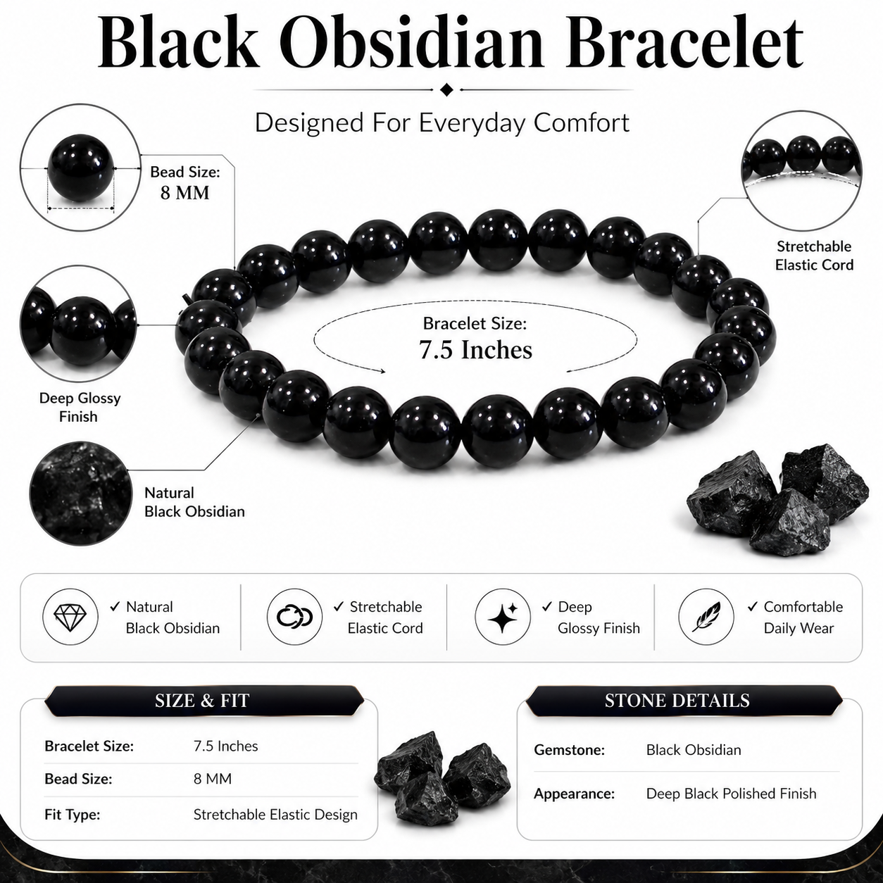 Natural Black Obsidian Bracelet – Protection, Grounding & Energy Shield Bracelet
