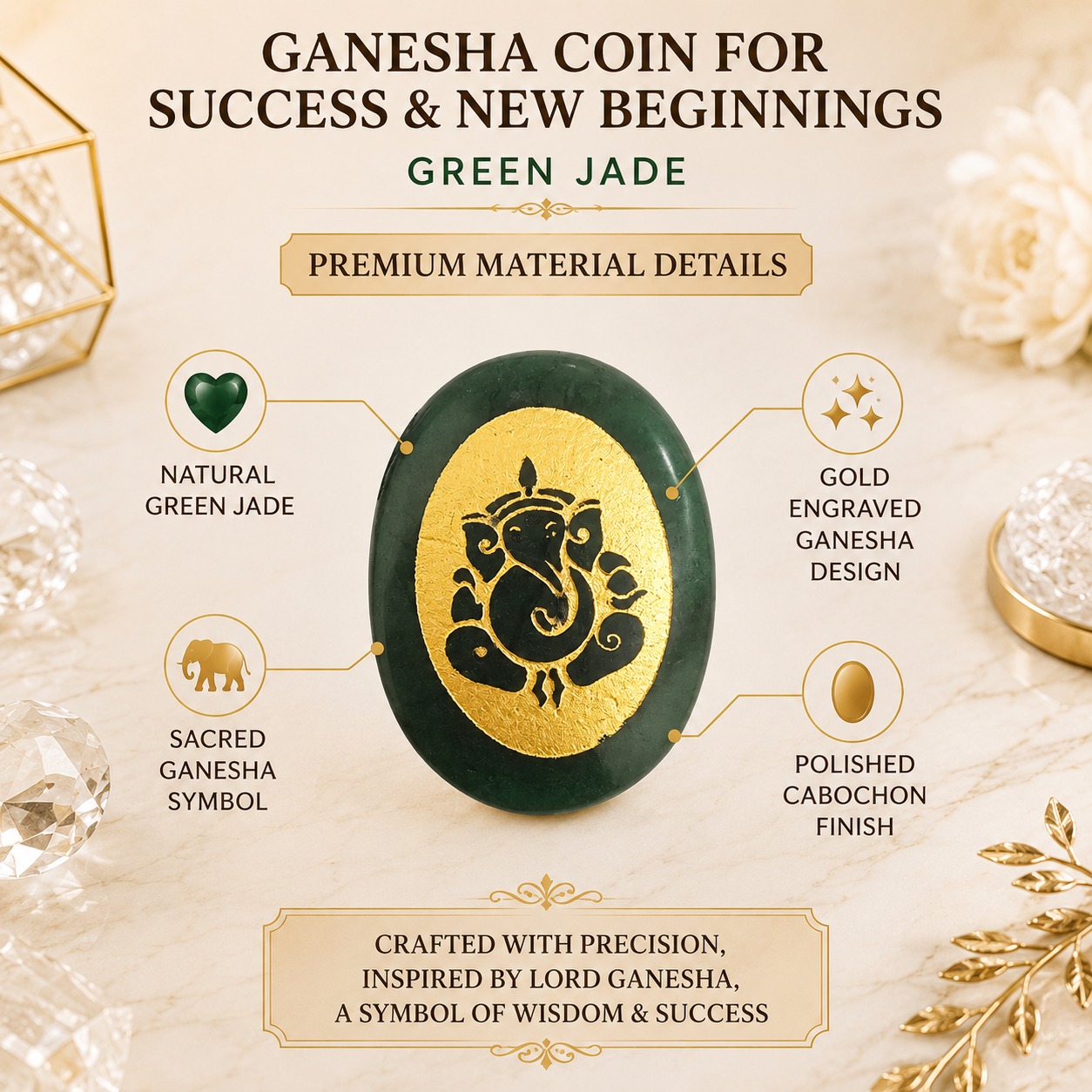 Natural Green Jade Ganesha Coin | Success & New Beginnings Pocket Stone | Lord Ganesha Engraved Crystal Coin