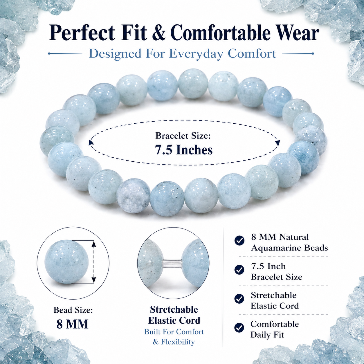 Natural Aquamarine Bracelet 8mm | Certified Ocean Blue Gemstone Crystal Bracelet