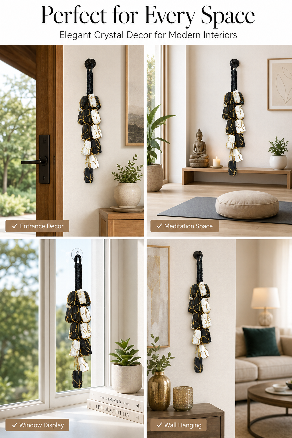 Selenite & Black Tourmaline Hanging Decor | Natural Crystal Home Decor