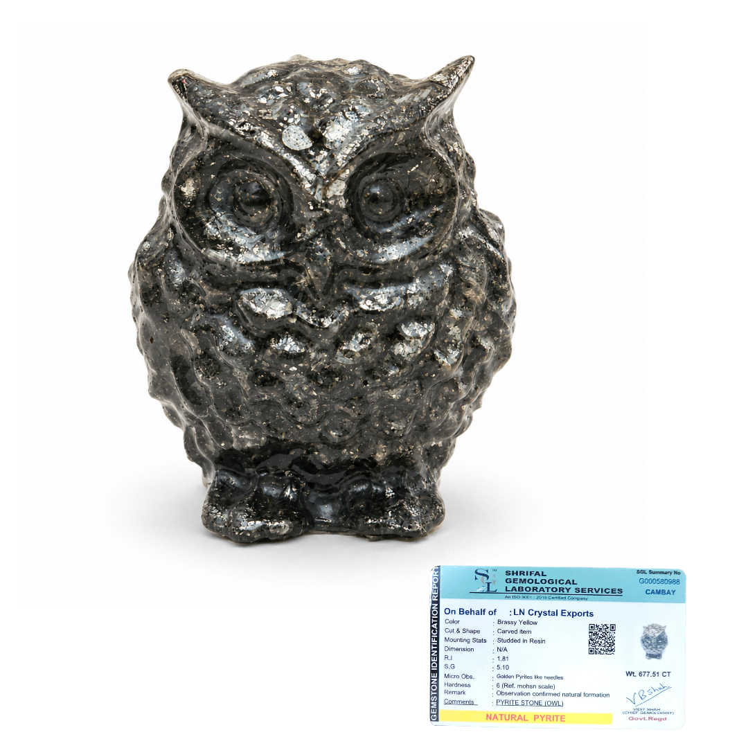 Natural Pyrite Owl – Handcrafted Crystal Owl
