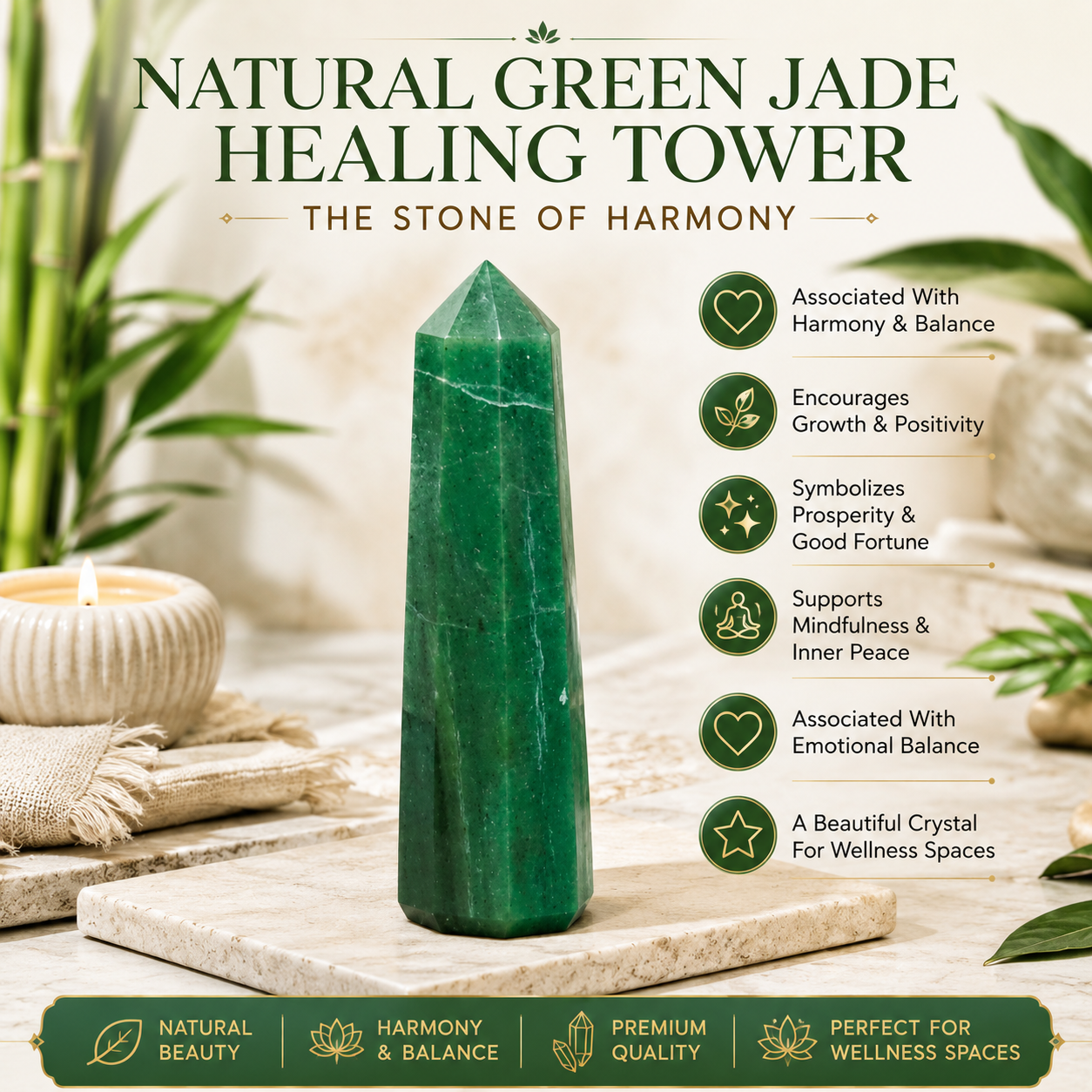 Natural Green Jade Healing Tower | Premium Polished Green Jade Crystal Point | Prosperity, Harmony & Meditation Crystal
