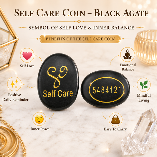 Natural Black Agate Self Care Coin | Engraved Self Love Pocket Stone | Inner Balance Crystal Coin