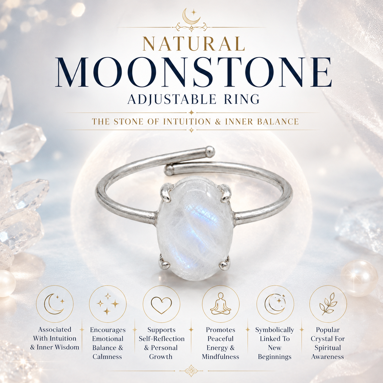 Natural Moonstone Adjustable Ring | Handmade Crystal Gemstone Ring | Healing Crystal Jewelry