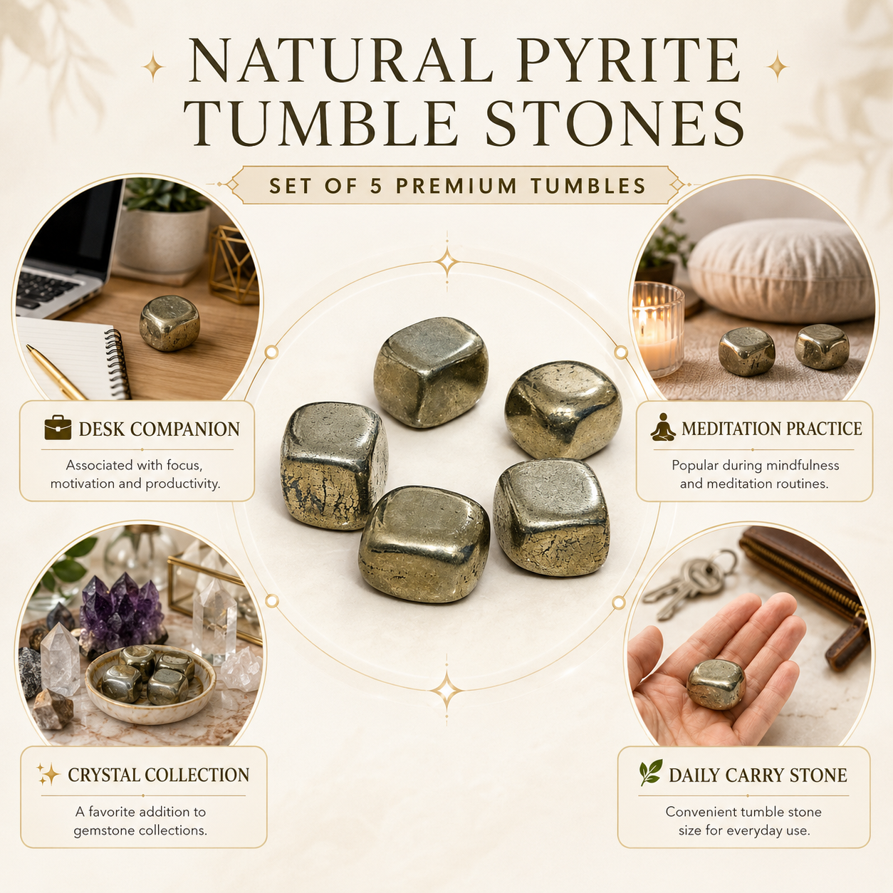 Natural Pyrite Tumble Stones | Set of 5 Premium Pyrite Crystal Tumbled Stones | Healing Crystal for Prosperity & Energy
