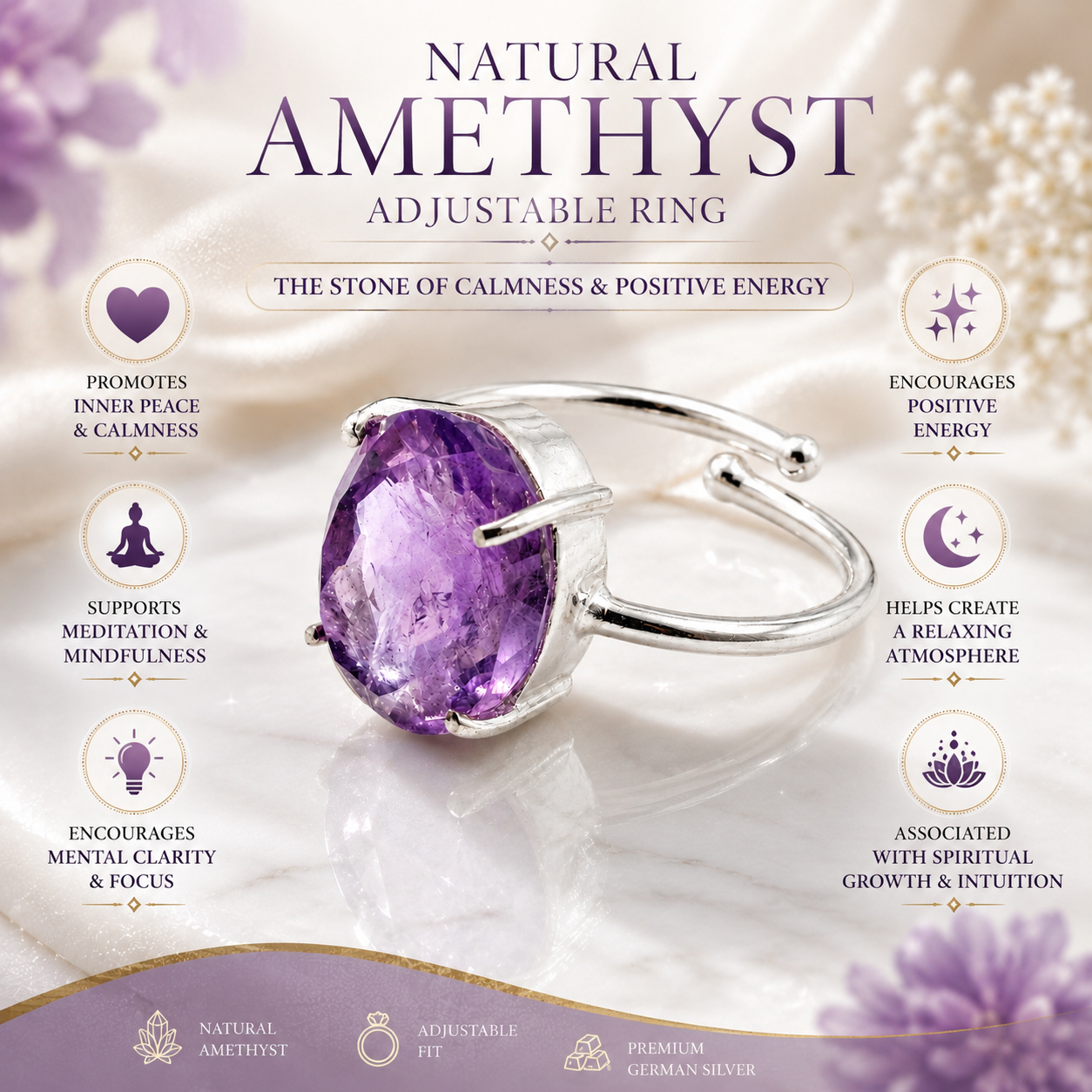 Natural Amethyst Adjustable Ring | Handmade Crystal Gemstone Ring | Healing Crystal Jewelry