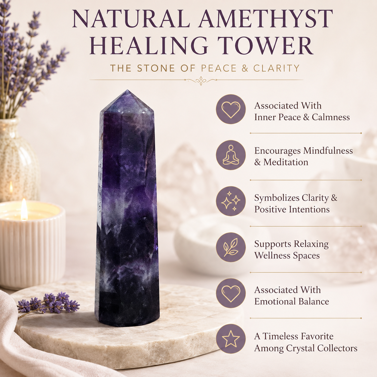 Natural Amethyst Healing Tower | Premium Polished Amethyst Crystal Point | Meditation, Calm & Spiritual Décor Crystal