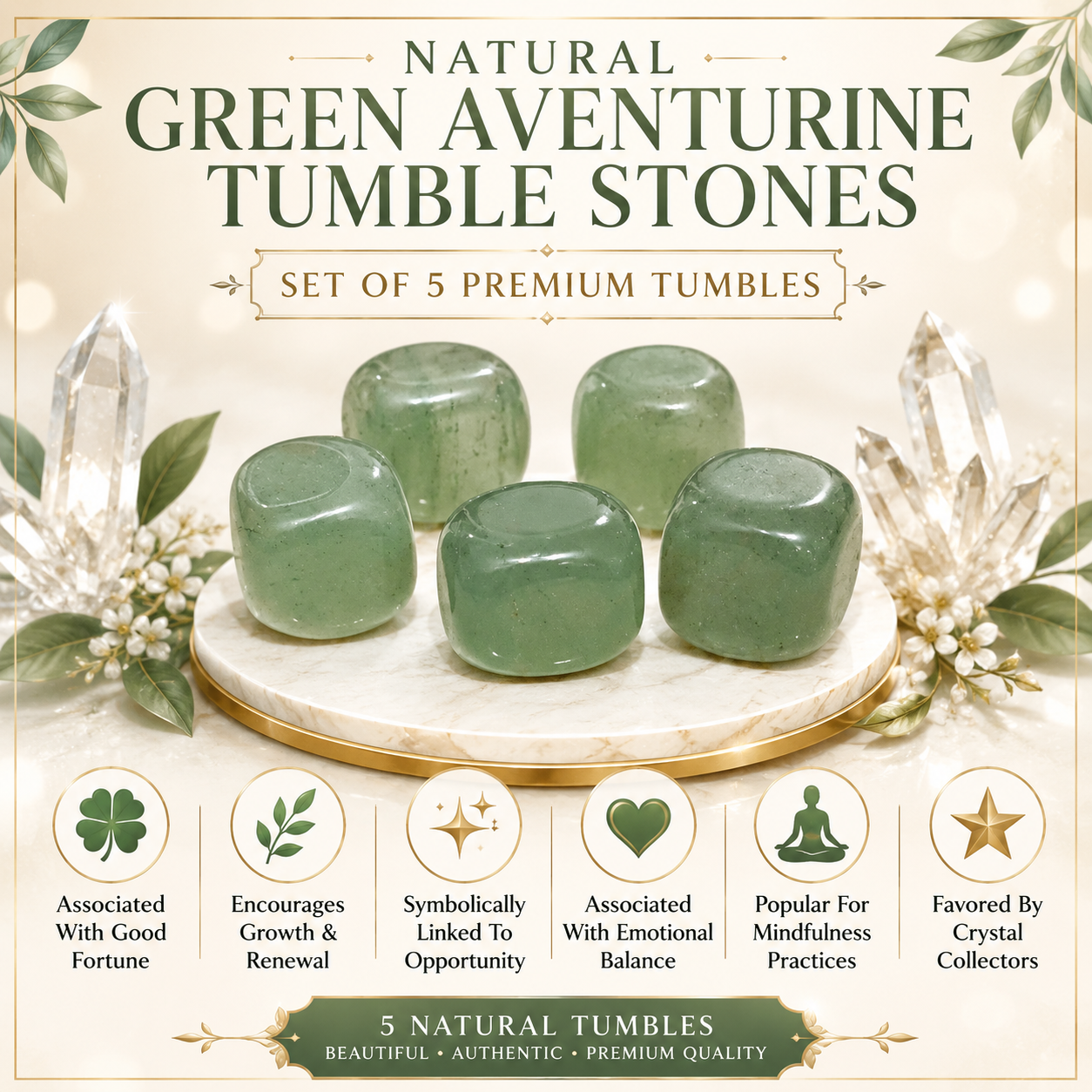 Natural Green Aventurine Tumble Stones | Set of 5 Premium Green Aventurine Crystal Tumbled Stones | Prosperity & Luck Healing Crystals