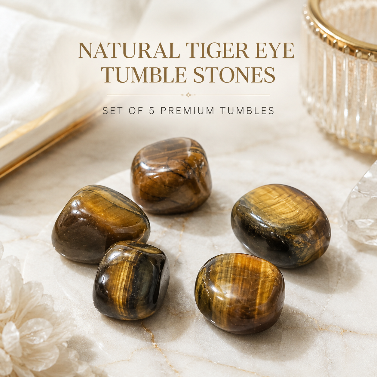 Natural Tiger Eye Tumble Stones | Set of 5 Premium Tiger Eye Crystal Tumbled Stones | Protection, Confidence & Grounding Healing Crystals