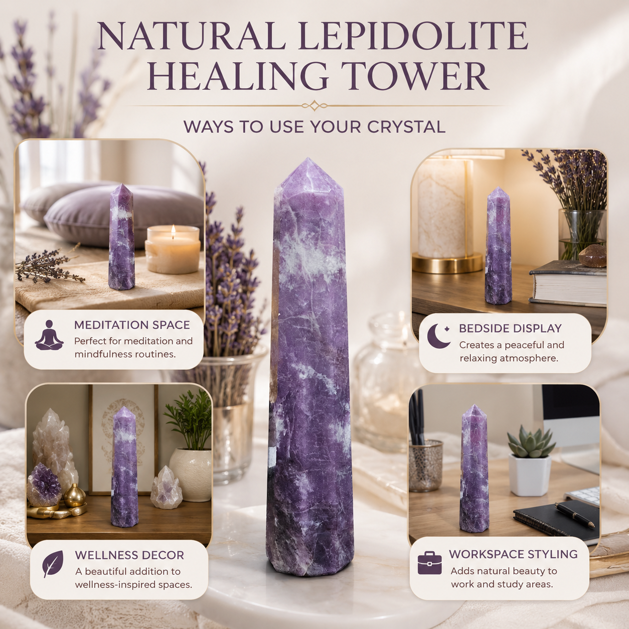 Natural Lepidolite Healing Tower | Premium Polished Lepidolite Crystal Point | Meditation, Calm & Mindfulness Crystal