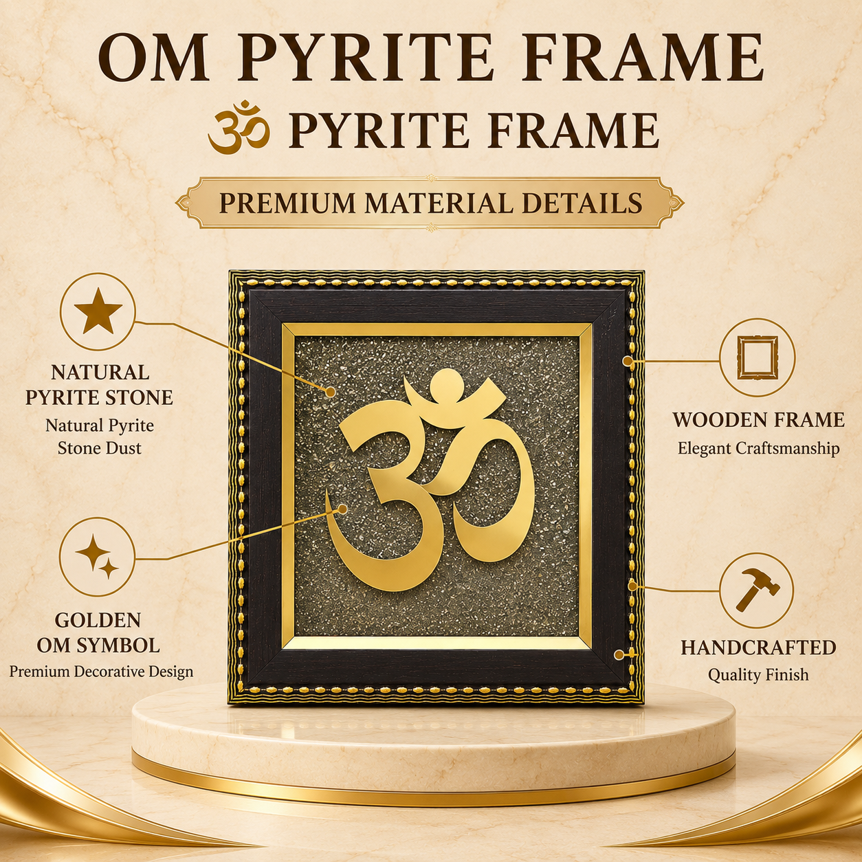 Natural Pyrite Om Frame | Handcrafted Sacred Om Symbol Wall Décor | Spiritual & Positive Energy Frame
