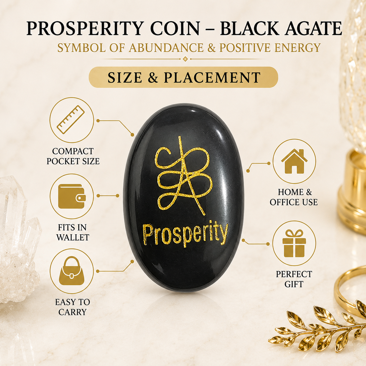 Natural Black Agate Prosperity Coin | Engraved Abundance Symbol Pocket Stone | Positive Energy Crystal Coin