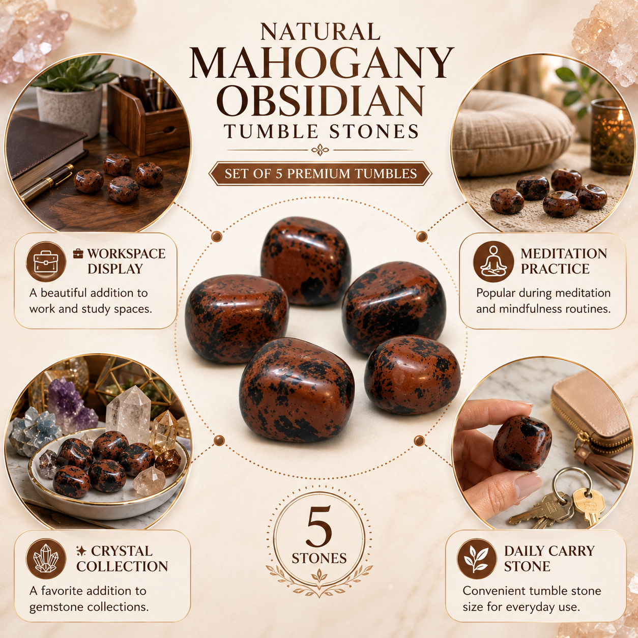 Natural Mahogany Obsidian Tumble Stones | Set of 5 Premium Polished Mahogany Obsidian Crystals | Grounding, Strength & Protection Stones