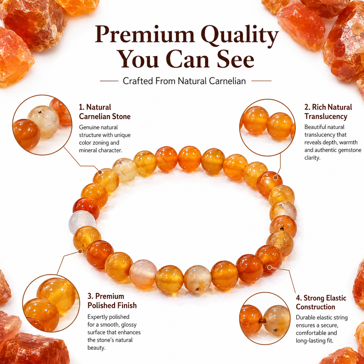 Natural Carnelian Bracelet 8mm | Certified Gemstone Bracelet