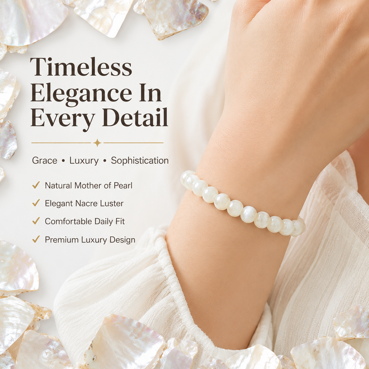 Natural Mother of Pearl Bracelet 8mm | Certified Calmness, Wisdom & Harmony Gemstone Bracelet
