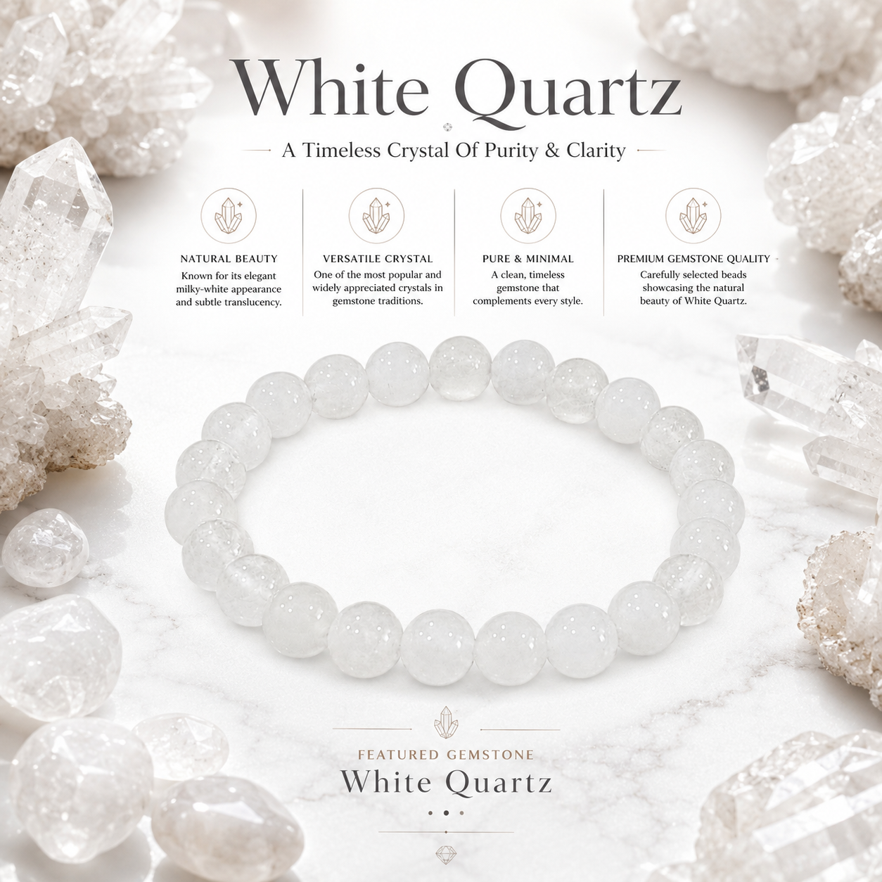 Natural White Quartz Bracelet – Clarity, Balance & Positive Energy Crystal Bracelet