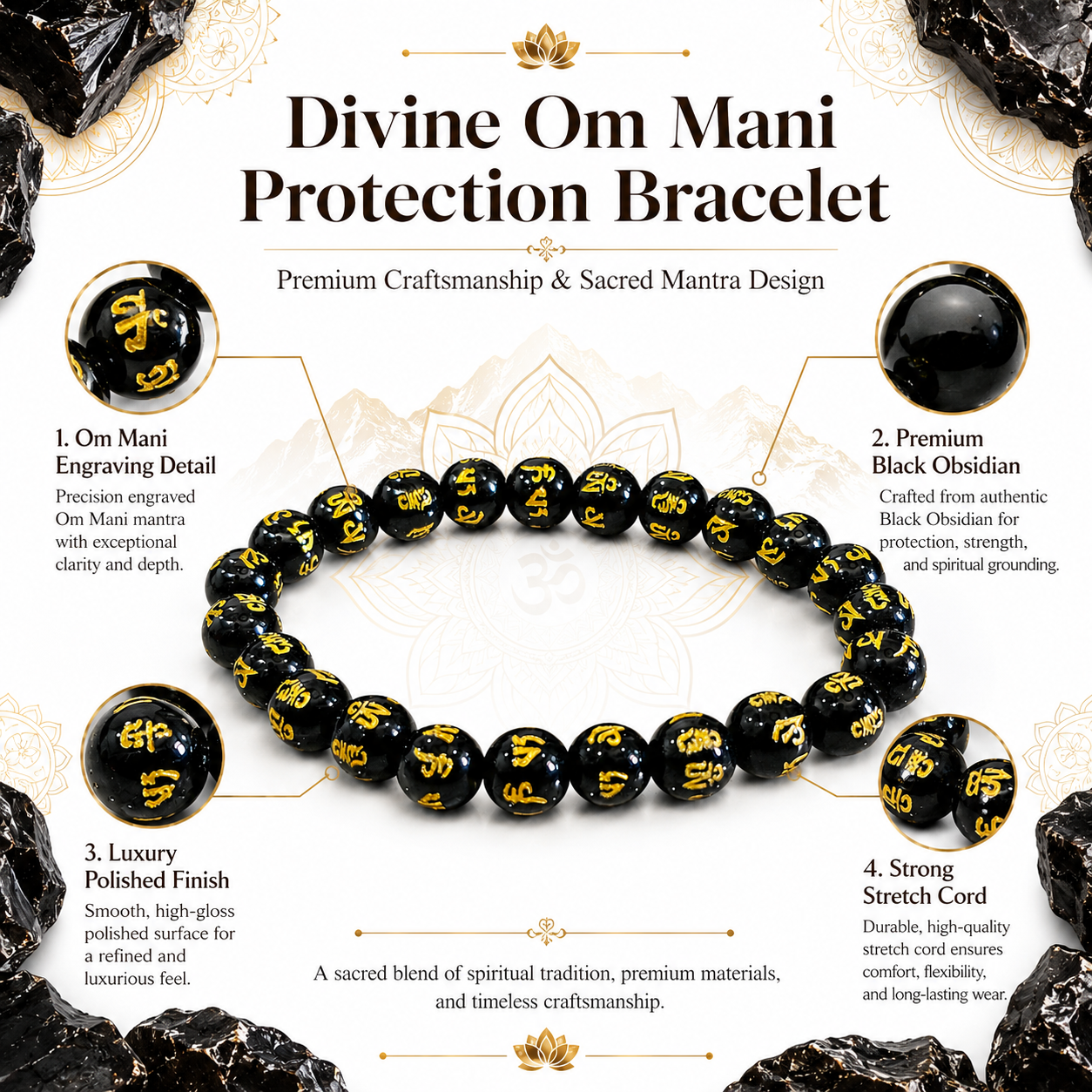 Divine OM Mani Protection Bracelet | Natural Black Obsidian Bracelet with Sacred Om Mani Mantra Beads