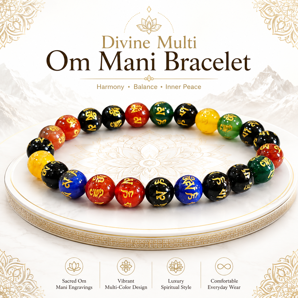 Divine Multi OM Mani Bracelet – Sacred OM Mani Padme Hum Mantra Bracelet for Spiritual Protection, Meditation, Mindfulness & Positive Energy | 8mm Multi-Stone Beads | Lab Certified