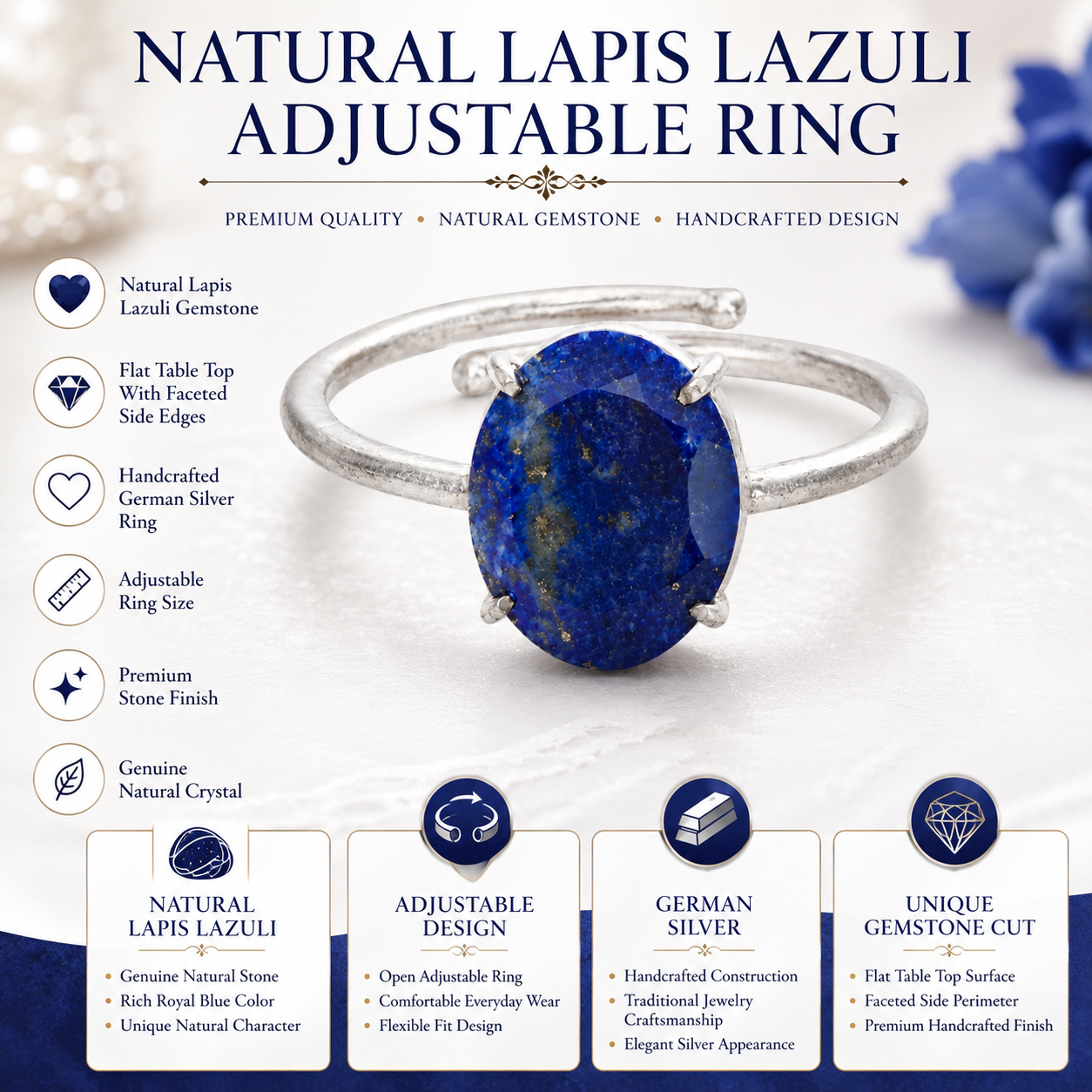 Natural Lapis Lazuli Adjustable Ring | Handmade Crystal Gemstone Ring | Healing Crystal Jewelry