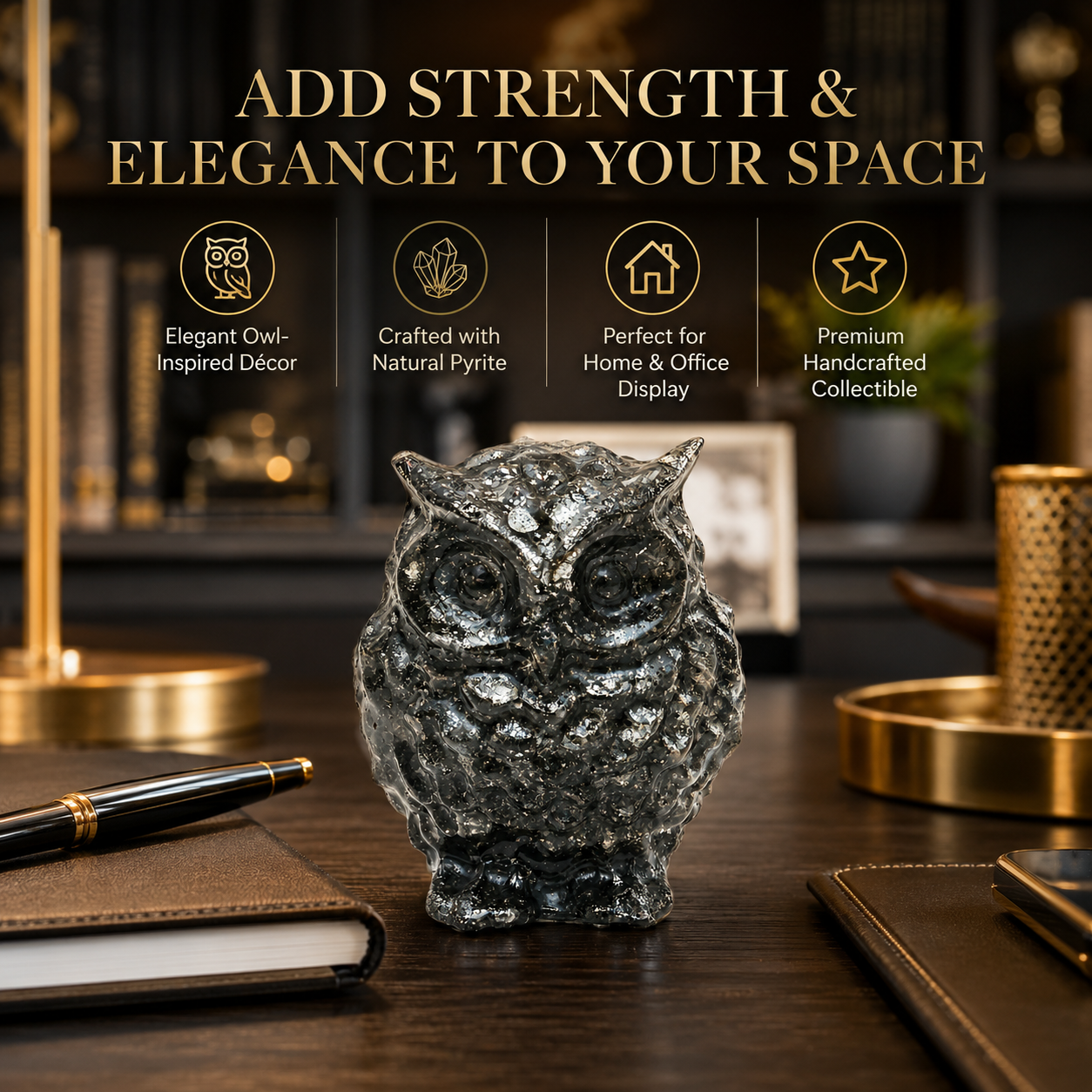 Natural Pyrite Owl – Handcrafted Crystal Owl