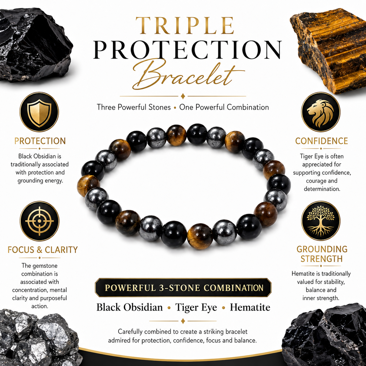 Triple Protection Bracelet – Black Obsidian, Tiger Eye & Hematite Protection Bracelet