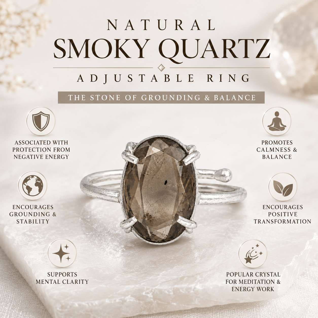 Natural Smoky Quartz Adjustable Ring | Handmade Crystal Gemstone Ring | Healing Crystal Jewelry