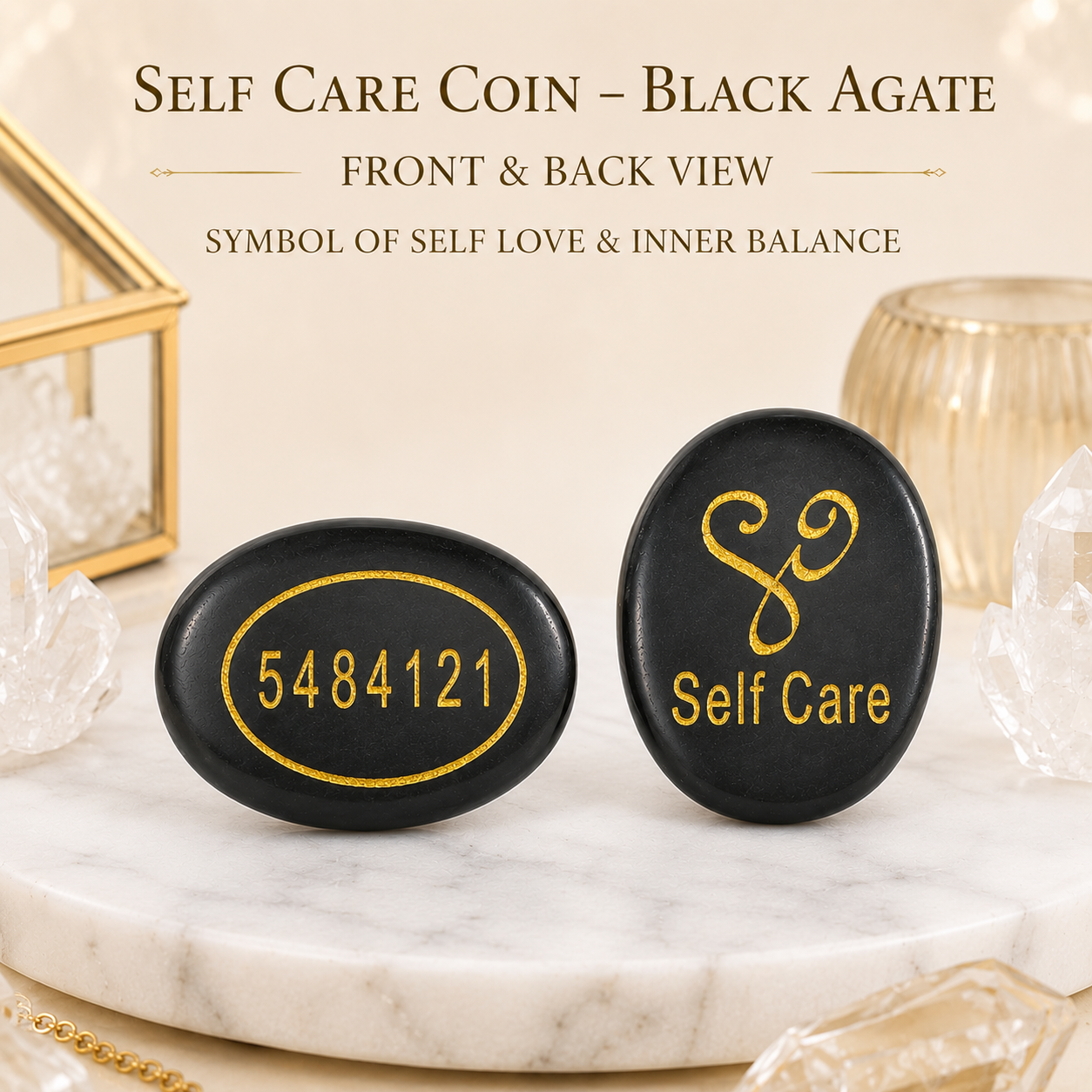 Natural Black Agate Self Care Coin | Engraved Self Love Pocket Stone | Inner Balance Crystal Coin