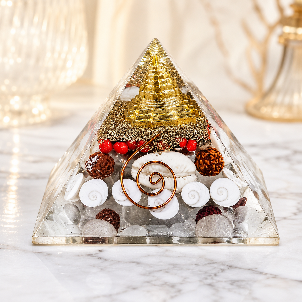 Natural Shree Laxmi Yantra Orgonite Pyramid with Gomti Chakra & Rudraksha
