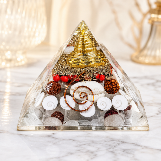 Natural Shree Laxmi Yantra Orgonite Pyramid with Gomti Chakra & Rudraksha