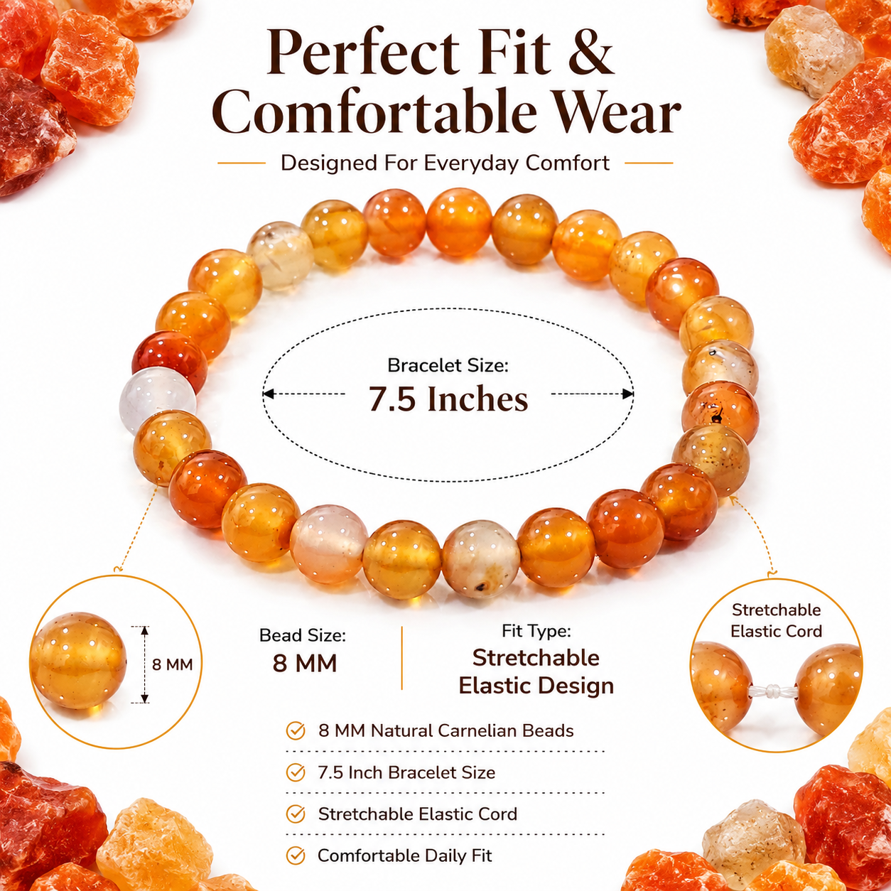 Natural Carnelian Bracelet 8mm | Certified Gemstone Bracelet