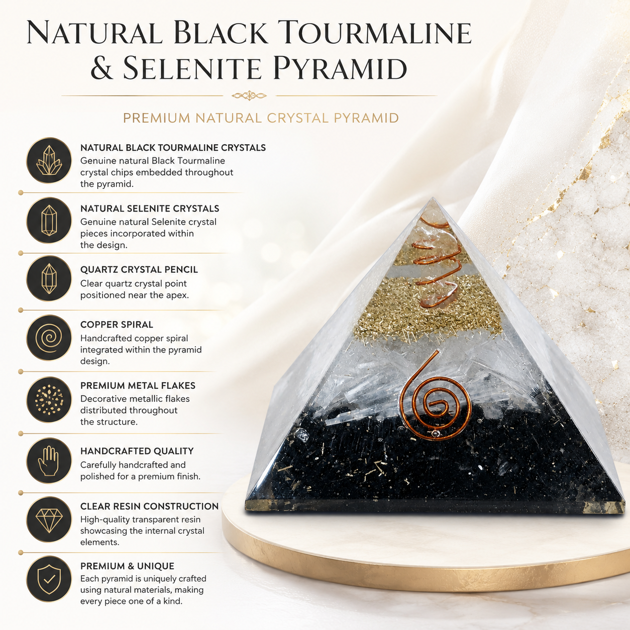Natural Black Tourmaline & Selenite Orgonite Pyramid