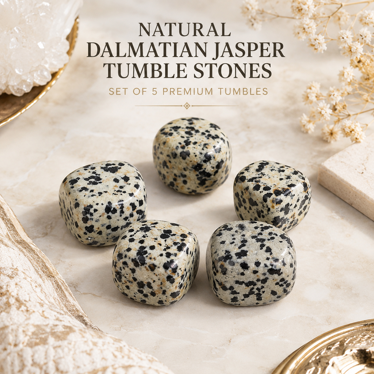 Natural Dalmatian Jasper Tumble Stones | Set of 5 Premium Dalmatian Jasper Crystal Tumbled Stones | Joy & Grounding Healing Crystals