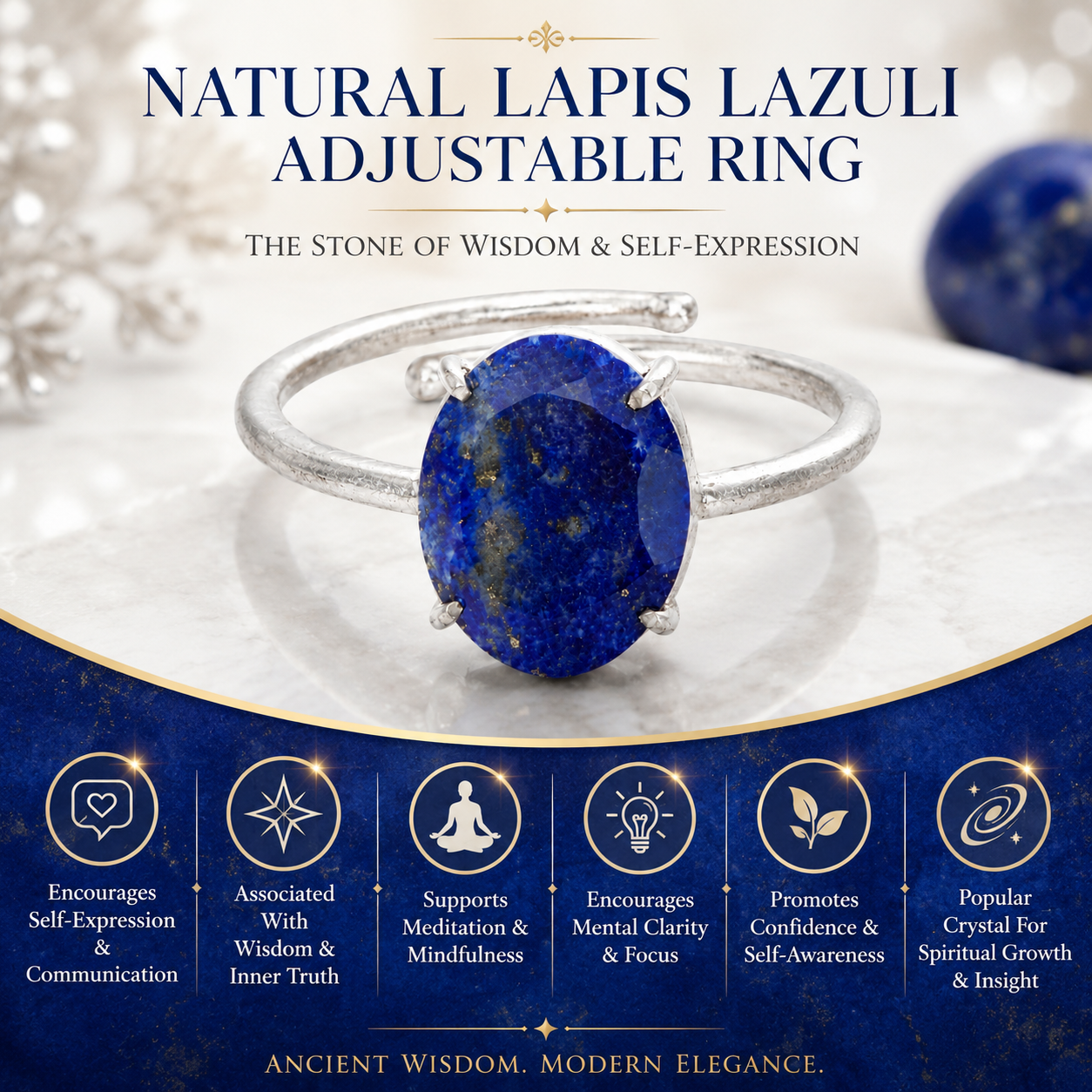 Natural Lapis Lazuli Adjustable Ring | Handmade Crystal Gemstone Ring | Healing Crystal Jewelry