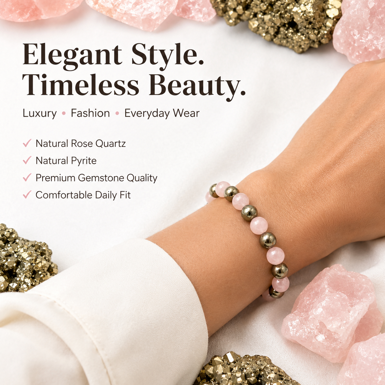 Prosperity & Love Bracelet | Natural Rose Quartz & Pyrite Crystal Bracelet 8mm