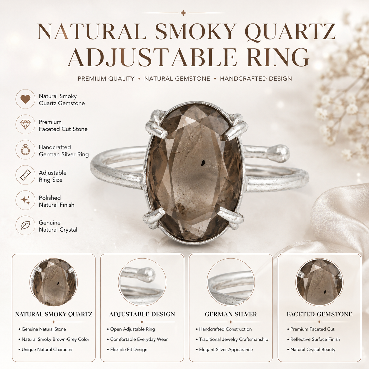 Natural Smoky Quartz Adjustable Ring | Handmade Crystal Gemstone Ring | Healing Crystal Jewelry
