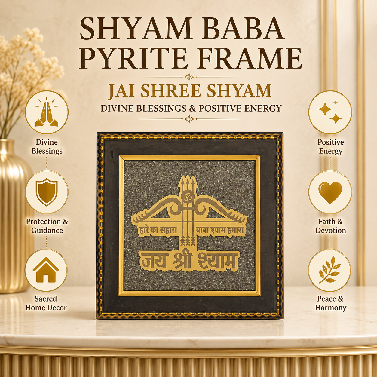 Natural Pyrite Khatu Shyam Ji Frame | Jai Shri Shyam Spiritual Wall Décor | Handcrafted Religious Decorative Frame for Home & Office